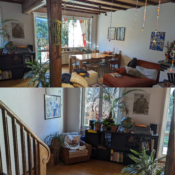 Wohnzimmer mit Cheminée und Zugang zum Garten